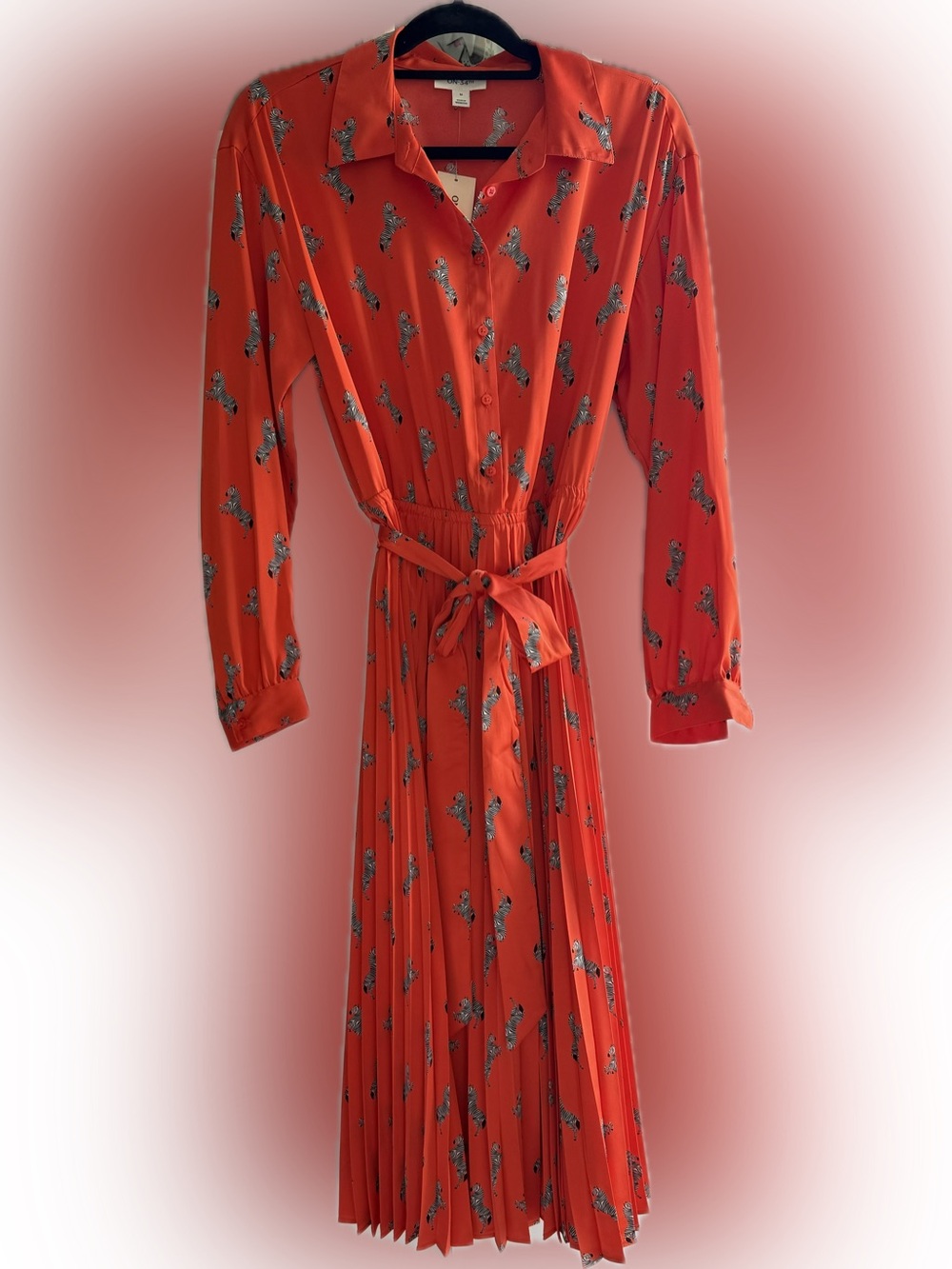 Chic Orange With Zebras Long-Sleeve Pleated Shirt Dress with Tie Waist